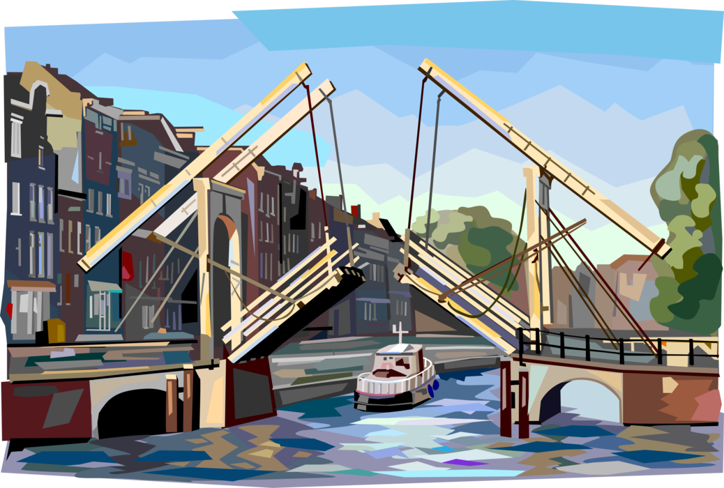 Vector Illustration of Magere Brug Bridge Across Amstel River, Amsterdam, Holland, The Netherlands