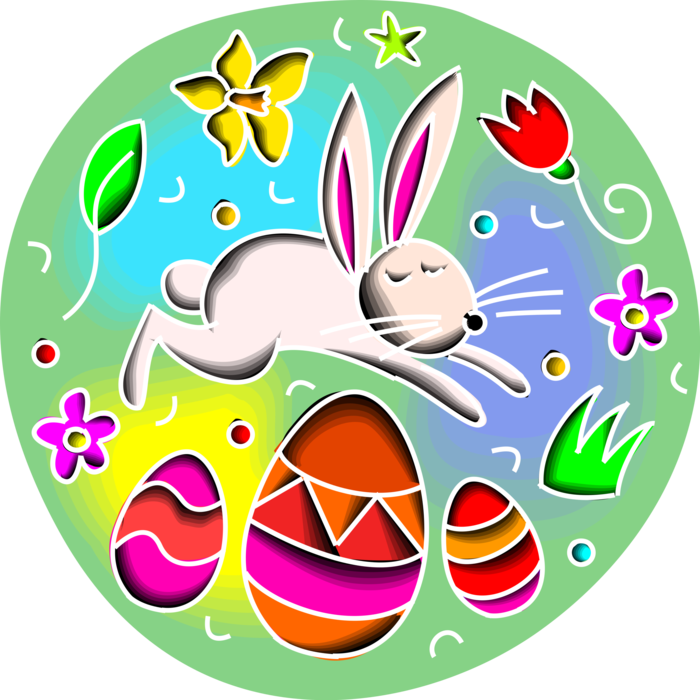 Vector Illustration of Pascha Easter Bunny Rabbit Jumps Over Decorated Easter Eggs