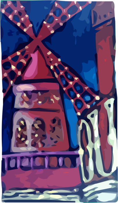 Vector Illustration of Windmill at Moulin Rouge Cabaret, Paris, France