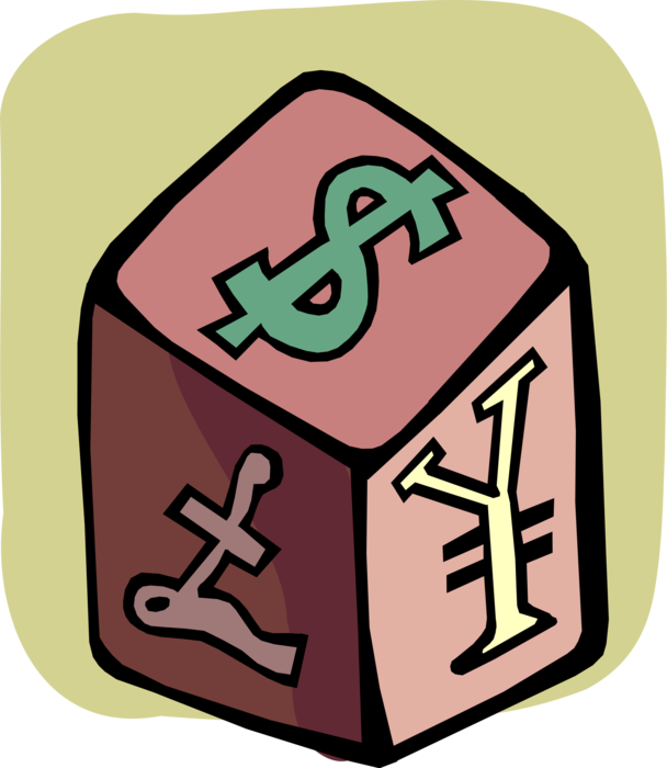 Vector Illustration of Rolling International Foreign Currency Financial Dice with Pound Sterling, Japanese Yen, and Dollar
