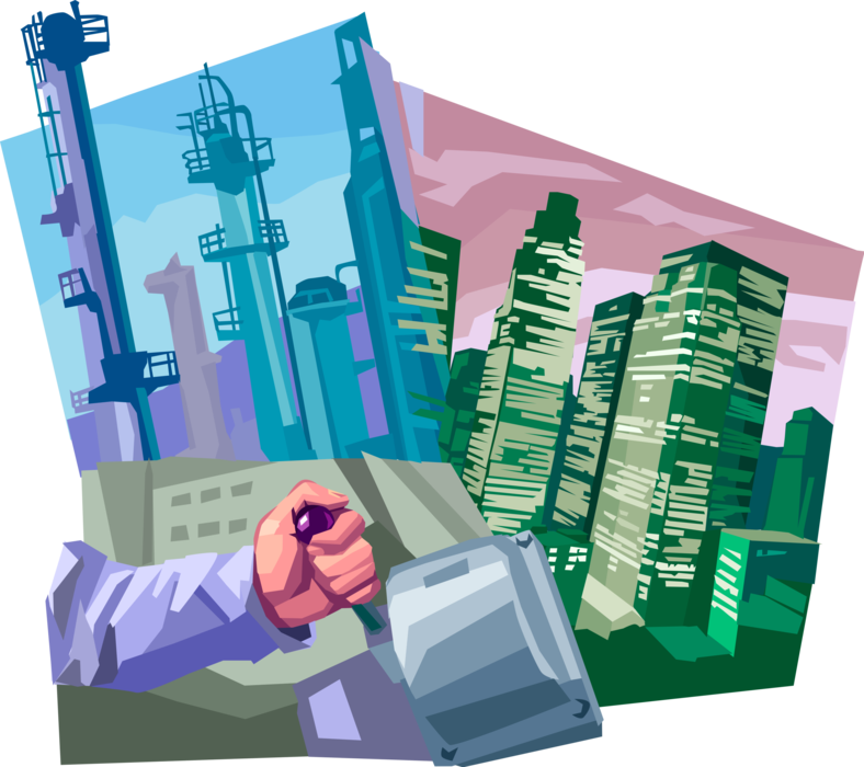 Vector Illustration of Hand on Control Switch at Industrial Energy Power Generation Plant with City Skyline Office Towers