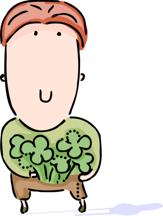 Vector Illustration of St Patrick's Day Ginger Haired Irish Guy with Lucky Irish Shamrock Four-Leaf Clover