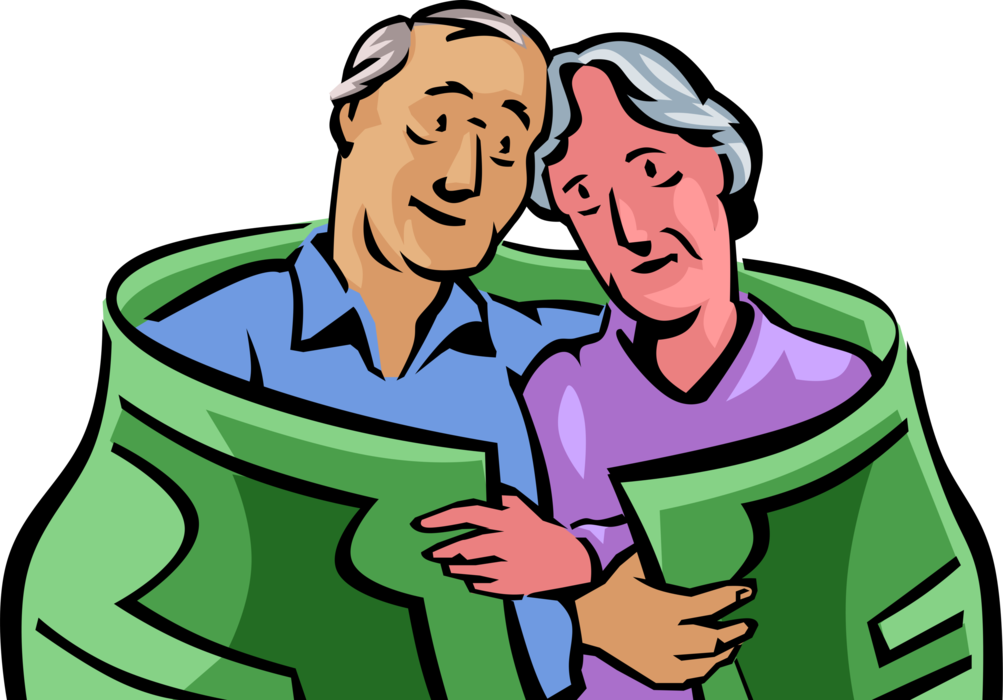 Vector Illustration of Retired Elderly Senior Citizen Couple Enjoys Financial Security Blanket with Cash Money Dollar