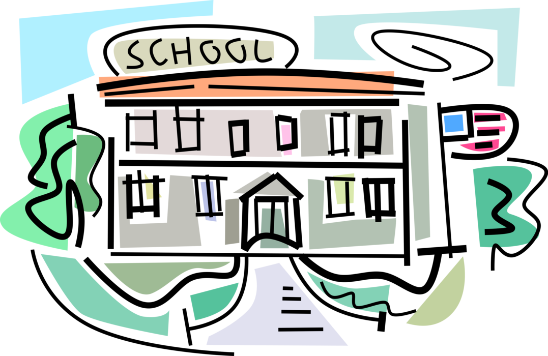 Vector Illustration of High School Building with American Flag