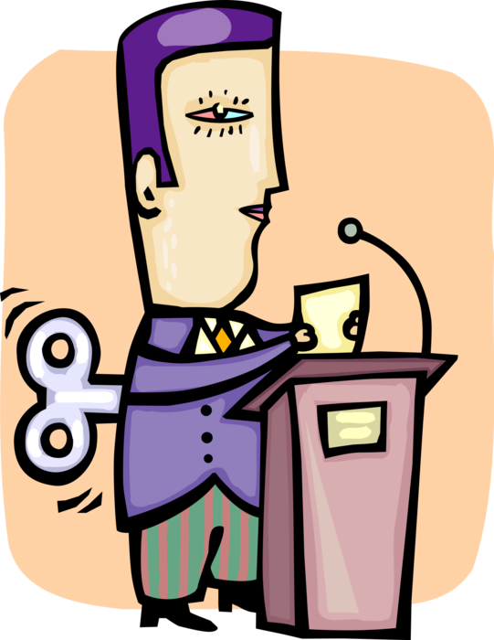 Vector Illustration of Mechanical Presenter with Wind Up Key Reads Presentation Speech at Podium