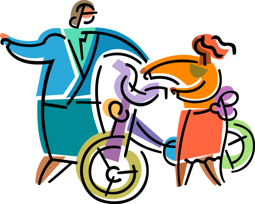 Vector Illustration of Mother Teaches Daughter to Ride Bicycle Bike in Summer