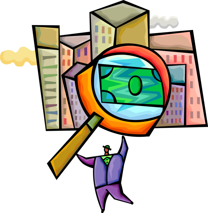 Vector Illustration of Commercial Real Estate Investor Seeks Financial Monetary Gain and Profit with Magnifying Glass