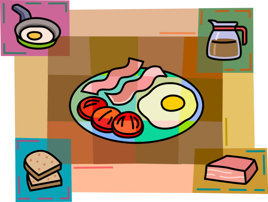 Vector Illustration of Traditional Breakfast Bacon & Fried Eggs with Sliced Tomato, Coffee Beverage