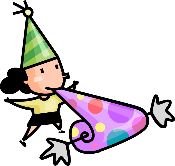 Vector Illustration of Birthday Girl Has Fun at Birthday Party with Party Hat and Noisemaker Whistle