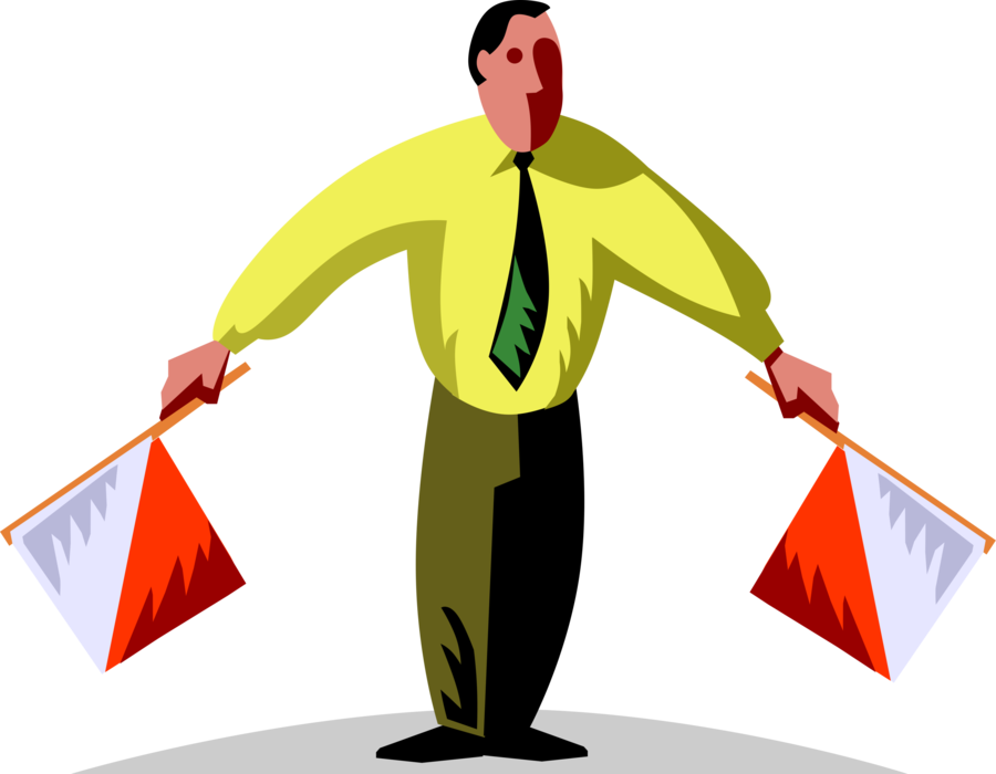 Vector Illustration of Businessman Communicates Intentions by Signaling with Semaphore Flags