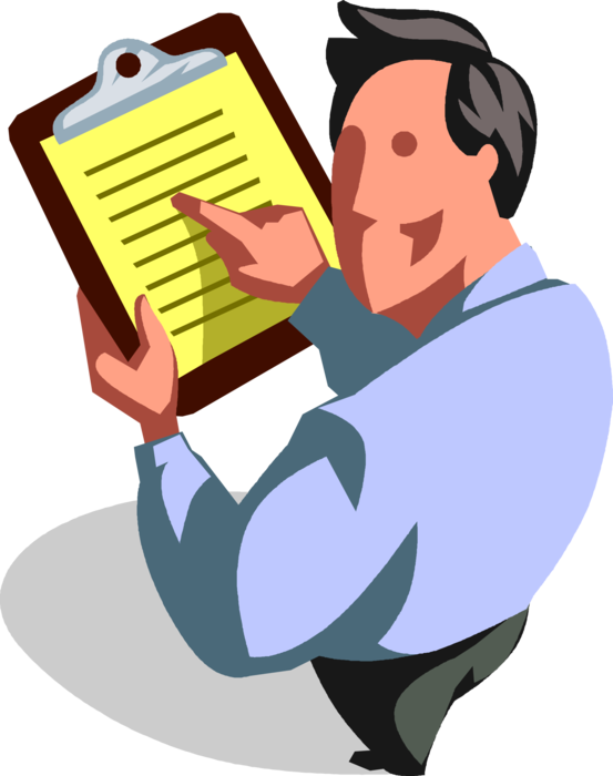Vector Illustration of Businessman Confirms Checklist on Wooden Clipboard Portable Writing Surface for Holding Paper in Place