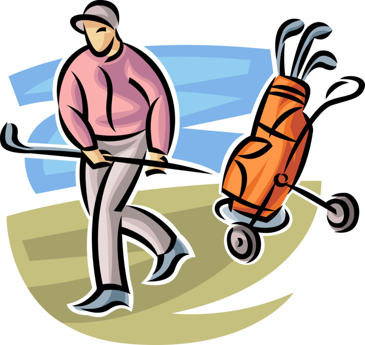 Vector Illustration of Sport of Golf Golfer Walks on Fairway Course with Golf Clubs in Bag