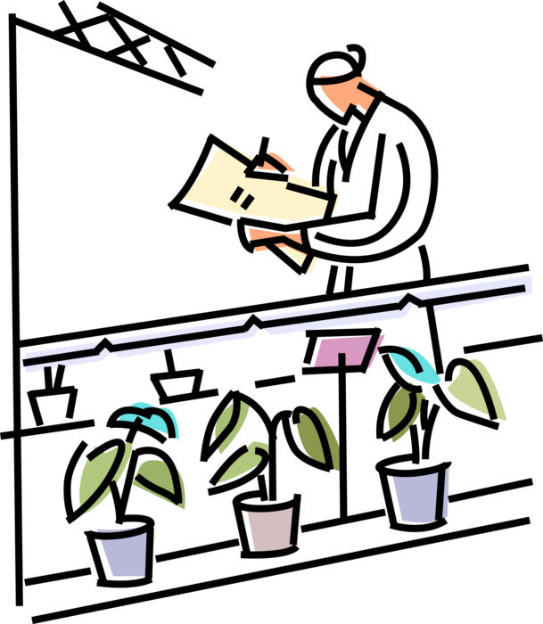 Vector Illustration of Plant Biologist Studies Plant Biology or Phytology in Greenhouse Nursery with Potted Plants