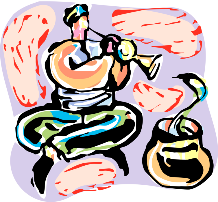Vector Illustration of Snake Charmer Plays Bansuri to Hypnotize Cobra Reptile Snake
