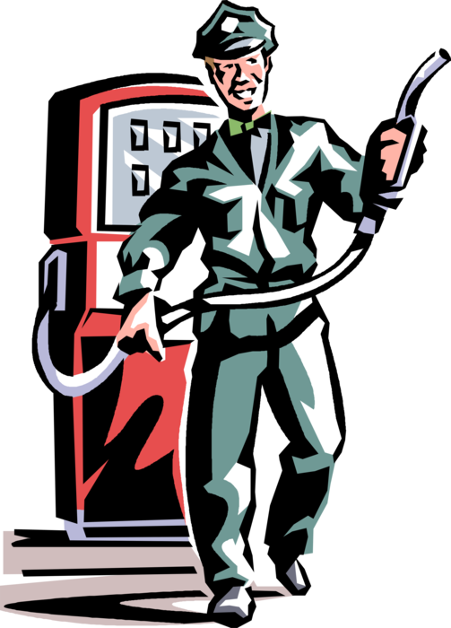 Vector Illustration of Friendly Service Station Employee Attendant Offers Gasoline Fill-Up to Customer