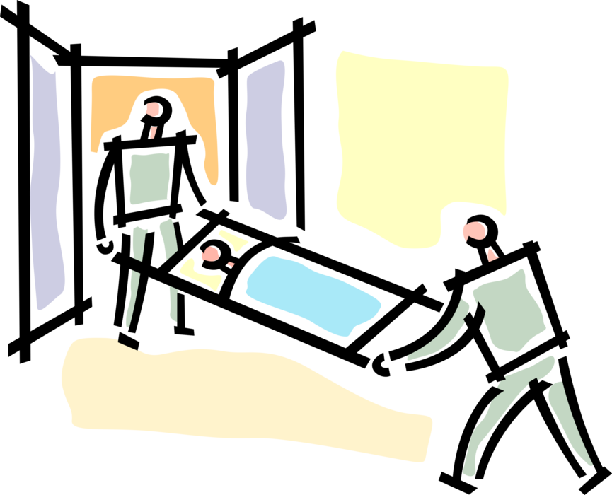 Vector Illustration of Patient on Stretcher Apparatus for Moving Patients with Emergency Care Paramedics