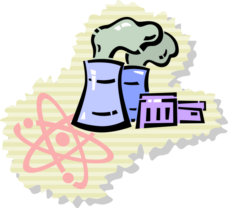 Vector Illustration of Nuclear Industry Cooling Towers and Atomic Science Atom Symbol with Nucleus and Electrons