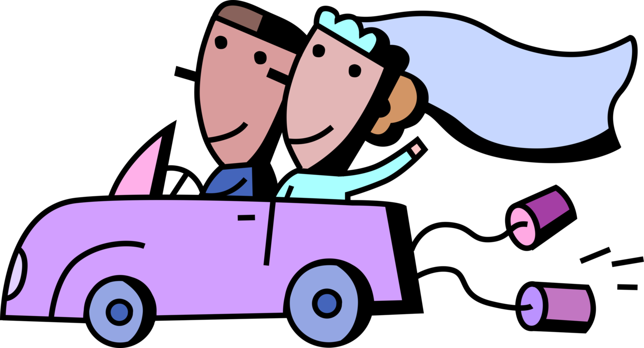 Vector Illustration of Newlywed Married Couple Husband and Wife Drive Away on Honeymoon after Wedding Ceremony