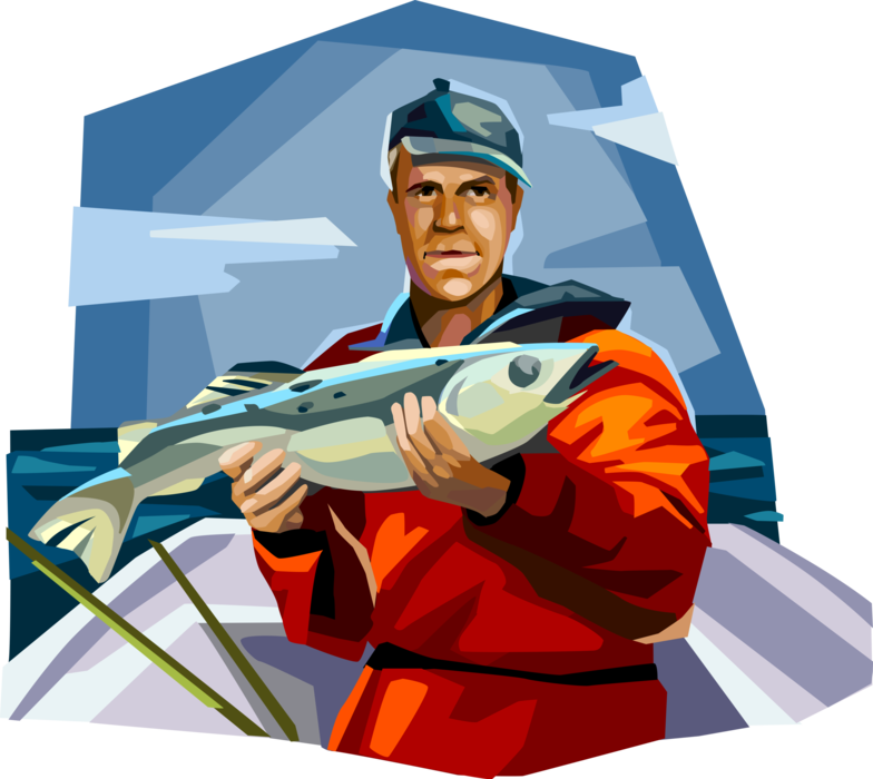 Vector Illustration of Sport Fisherman Angler Displaying His Catch