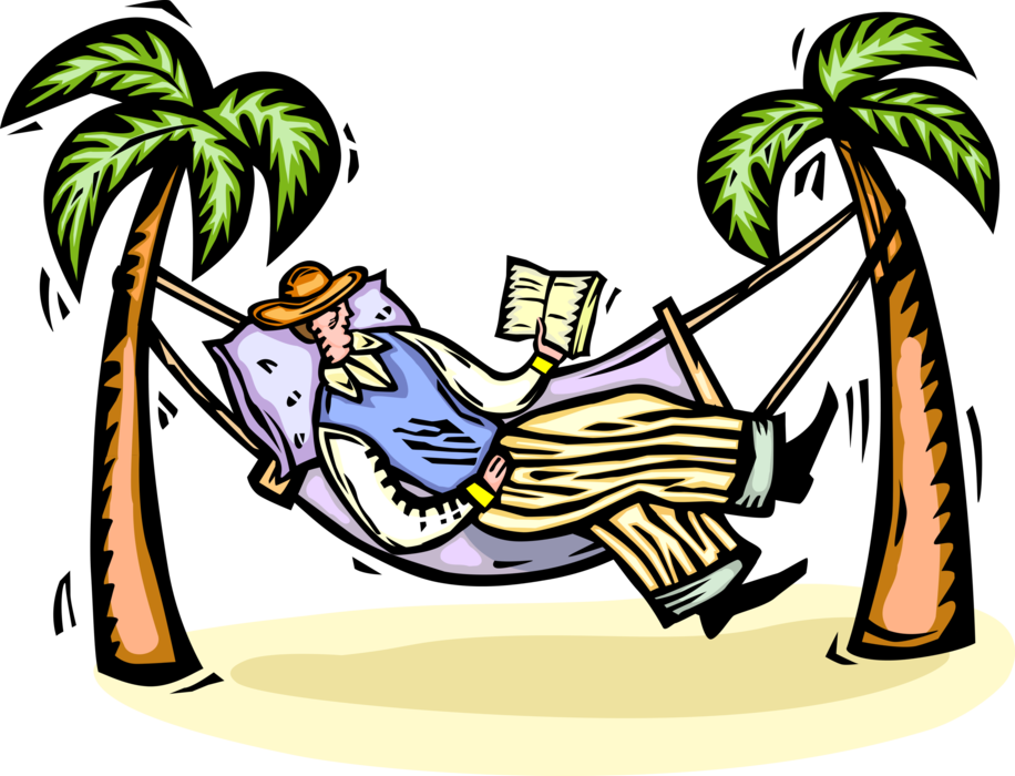 Vector Illustration of Summer Vacation Chillaxing and Relaxing in Hammock Between Palm Trees Reading Book