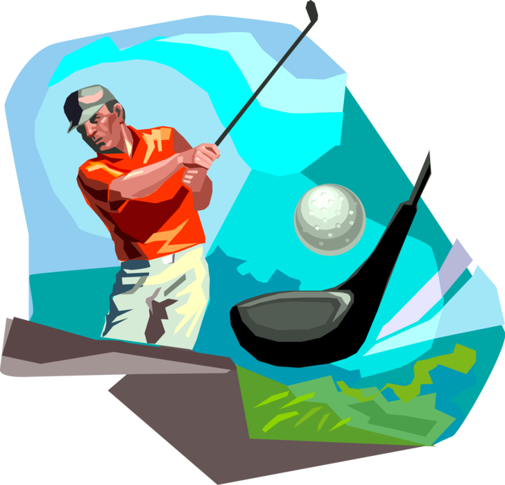 Vector Illustration of Sport of Golf Golfer Tees Off Swinging Golf Club at Ball During Round of Golf
