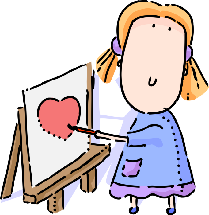 Vector Illustration of Visual Arts Young Child Artist Paints Romance Love Heart Painting on Easel 
