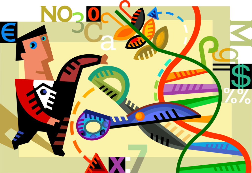 Vector Illustration of GMO Genetic Engineering Modified Foods Produced from Organisms Introduced into Their DNA