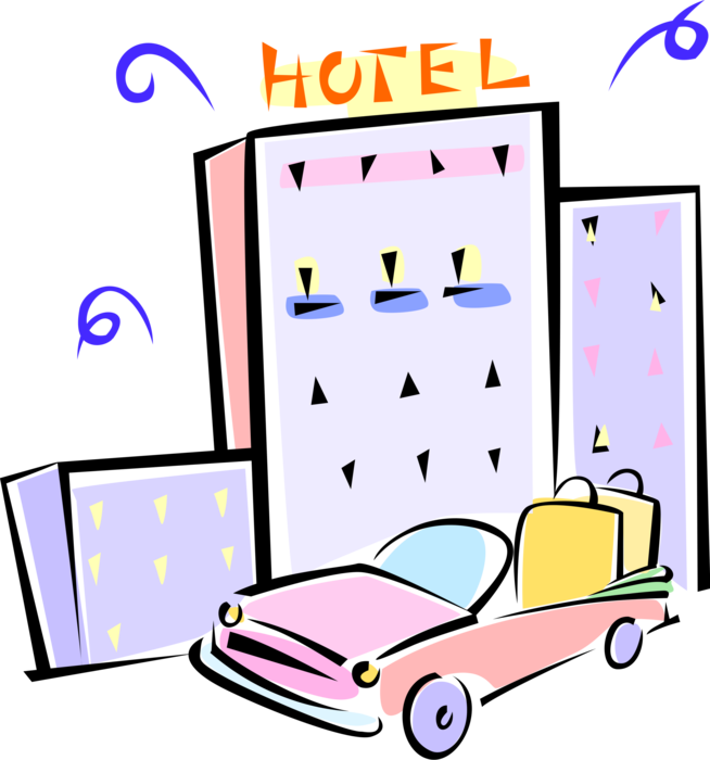 Vector Illustration of Car with Luggage Outside Hotel Providing Motorists and Travelers with Lodging