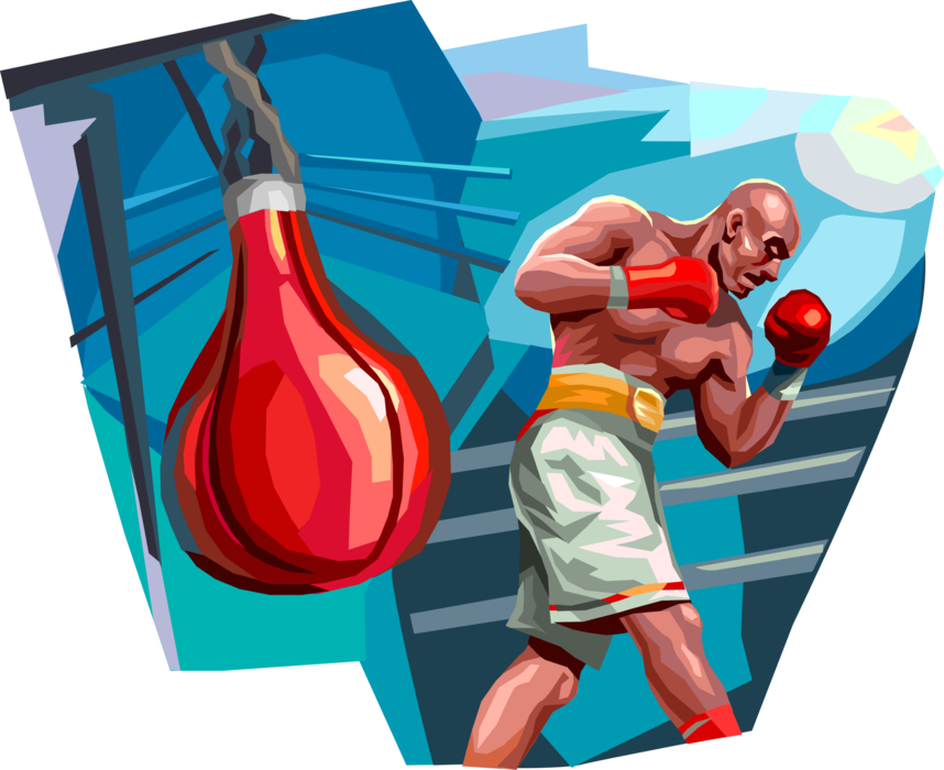 Vector Illustration of Prizefighter Pugilist Boxer with Boxing Gloves in Ring Sparring with Speed Bag