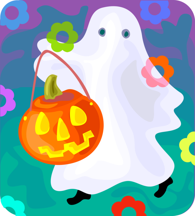 Vector Illustration of Halloween Trick or Treat Ghost Phantom, Apparition, Spirit, Spook with Jack-o'-Lantern Pumpkin
