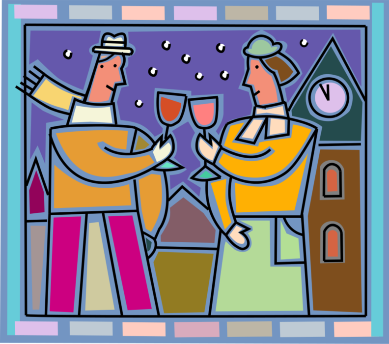 Vector Illustration of Couple Celebrates Season Greetings at Christmas with Wine Glass Toast of Goodwill