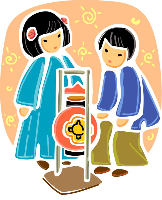 Vector Illustration of Japanese or Chinese Children with Suspended Asian Temple Gong