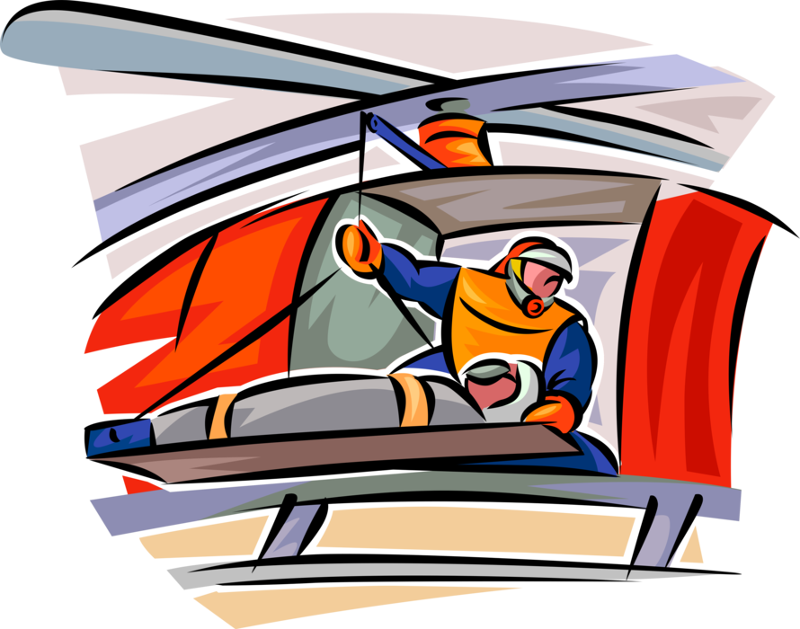Vector Illustration of Emergency Rescue and Relief Services Helicopter Pilot with Injured Accident Victim