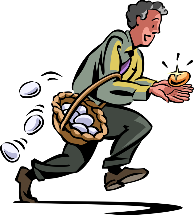 Vector Illustration of Excited Businessman Carries Golden Nest Egg with Basket of Chicken Eggs