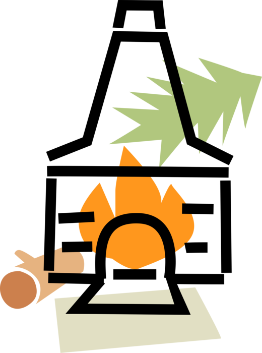 Vector Illustration of Fireplace Hearth with Burning Wood Fire, Log, and Evergreen Pine Bough