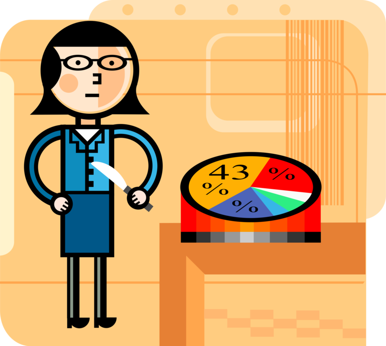Vector Illustration of Businesswoman Carves Up Pie Chart Statistical Graphic Divided into Slices to Illustrate Numerical Proportion