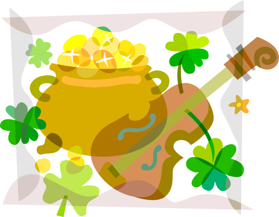 Vector Illustration of St Patrick's Day Irish Mythology Leprechaun's Pot of Gold Wealth and Riches with Violin Fiddle