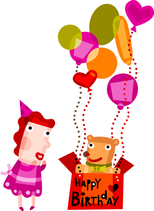 Vector Illustration of Birthday Girl Expresses Joy with Birthday Gift Stuffed Animal Teddy Bear with Balloons