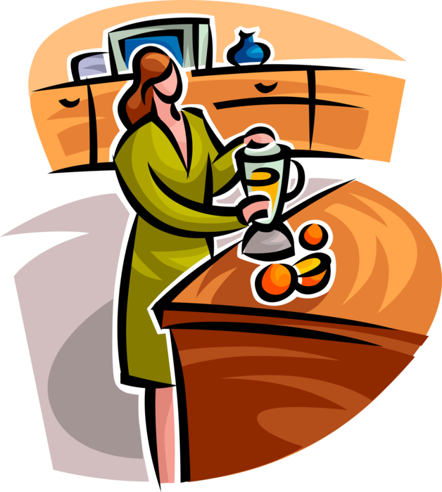Vector Illustration of Woman Prepares Fresh Orange Juice in Electric Blender