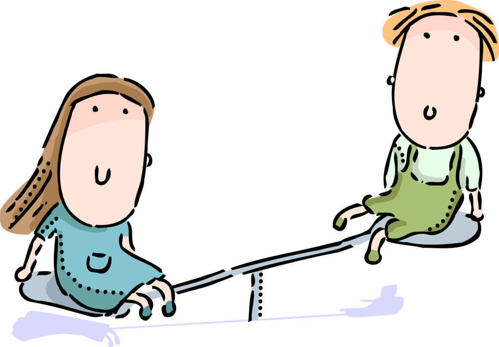 Vector Illustration of Children Play on Teeter-Totter Seesaw Based on Lever and Fulcrum in Park Playground