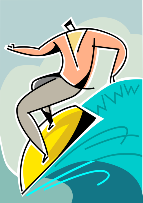 Vector Illustration of Businessman Surfer Demonstrates Skill and Agility on Surfboard Surfing Online Internet Waves of Information