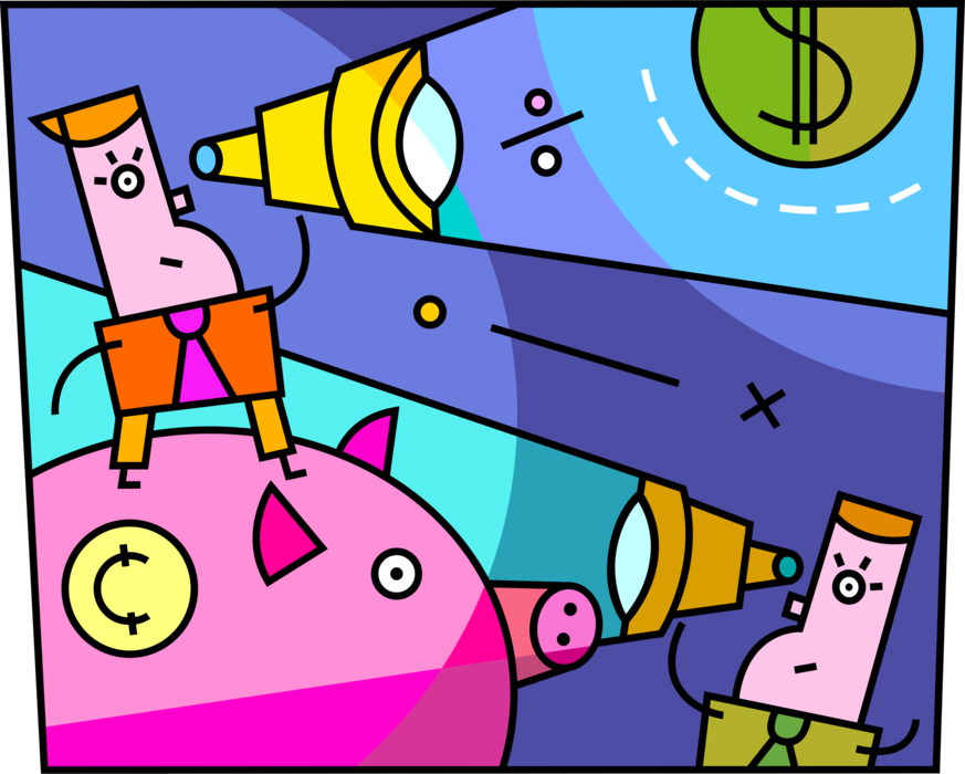 Vector Illustration of Financial Investors Forecast Earnings and Savings Growth with Spyglass Telescopes, Piggy Bank