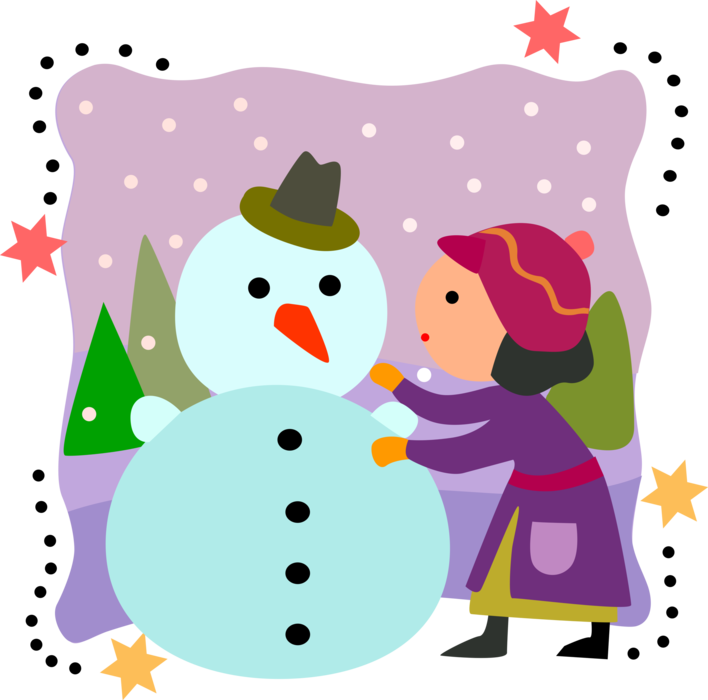 Vector Illustration of Girl Builds Snowman Anthropomorphic Snow Sculpture with Carrot Nose