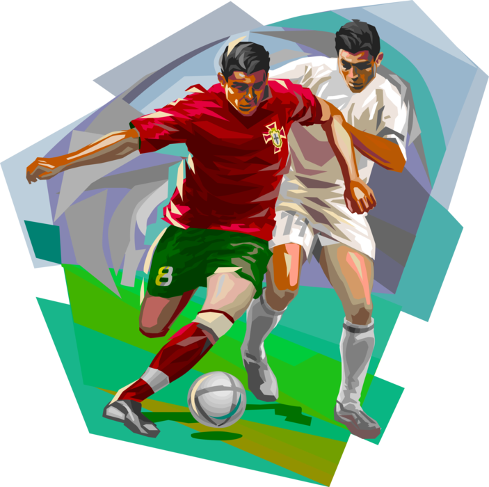 Vector Illustration of Portuguese Football Players with Ball in Action, Portugal 