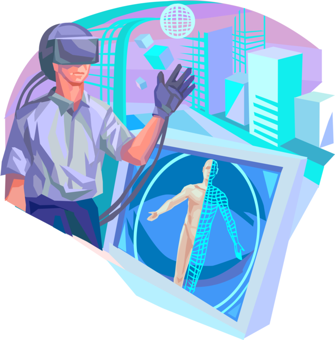 Vector Illustration of Virtual Reality (VR) Computer Technology Replicate Reality used in 3D Computer-Aided Design