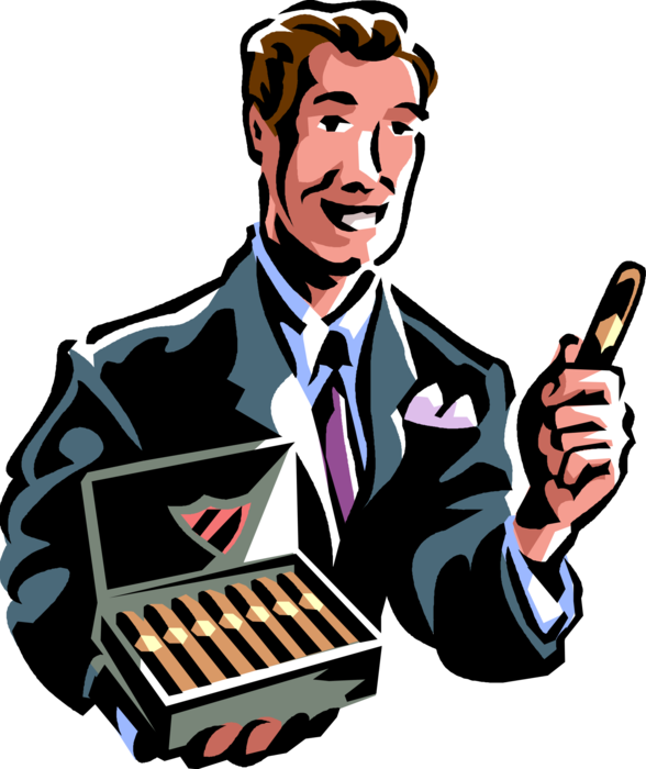 Vector Illustration of Businessman Offers Cuban Cigar Tightly-Rolled Tobacco Leaf