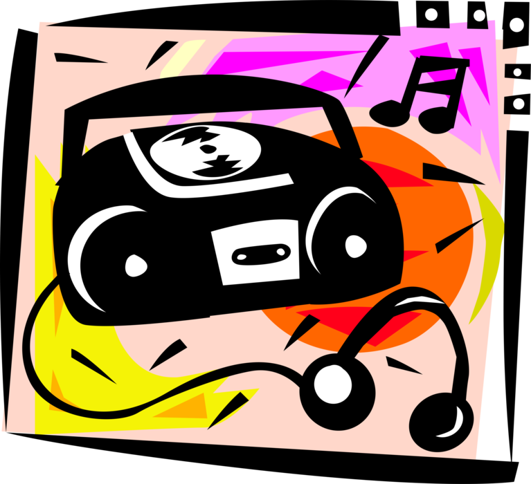 Vector Illustration of Audio Entertainment Portable Personal Stereo Boombox Plays Music Cassettes and CD's with Headphones