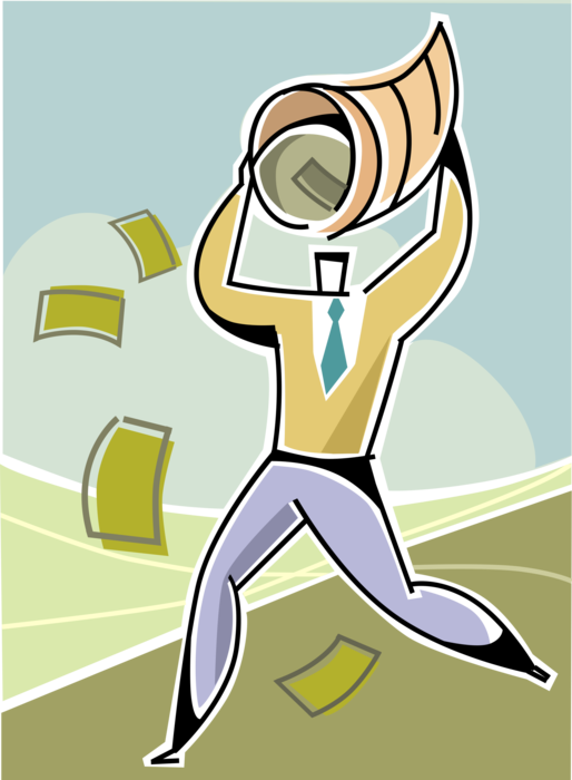 Vector Illustration of Businessman Reaps Corporate Earnings Financial Profits with Cornucopia Horn of Plenty Cash Money Dollars