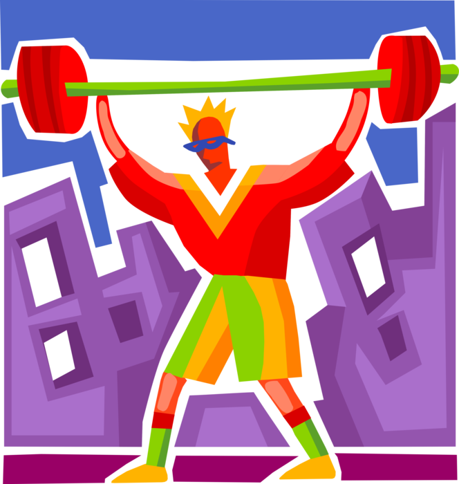 Vector Illustration of Bodybuilding Weightlifter Lifting Barbell Weights During Physical Fitness Exercise Workout