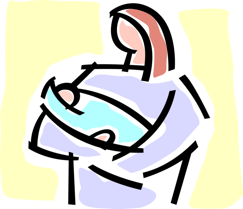 Vector Illustration of Nurturing Mother Holds Infant Baby in Arms Wrapped in Swaddling Blanket